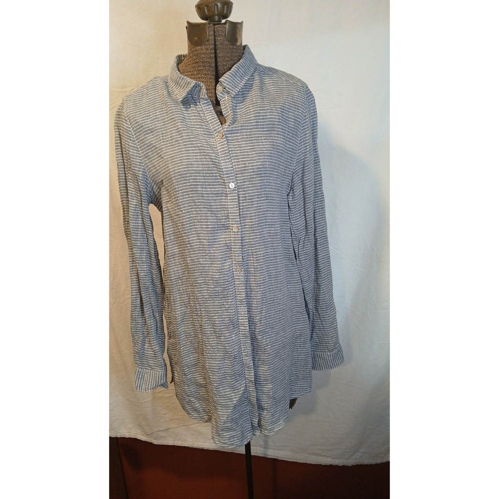 Artisan NY Womens Medium Blue White 100% Linen Long Sleeve Button Down Shirt